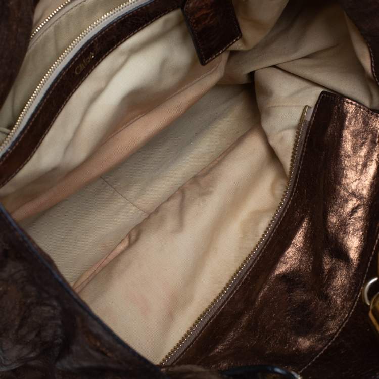 Pre Owned Chloe Metallic Bronze Parallel Line Detail Leather Logo Tote 