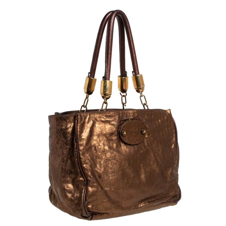Pre Owned Chloe Metallic Bronze Parallel Line Detail Leather Logo Tote 
