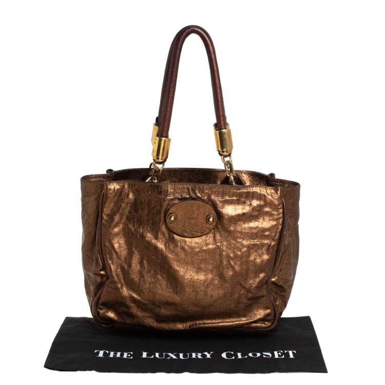 Pre Owned Chloe Metallic Bronze Parallel Line Detail Leather Logo Tote 