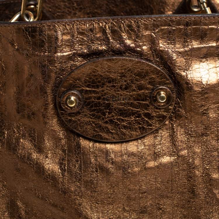 Pre Owned Chloe Metallic Bronze Parallel Line Detail Leather Logo Tote 