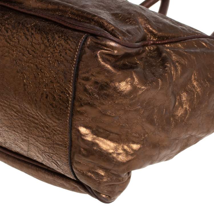 Pre Owned Chloe Metallic Bronze Parallel Line Detail Leather Logo Tote 