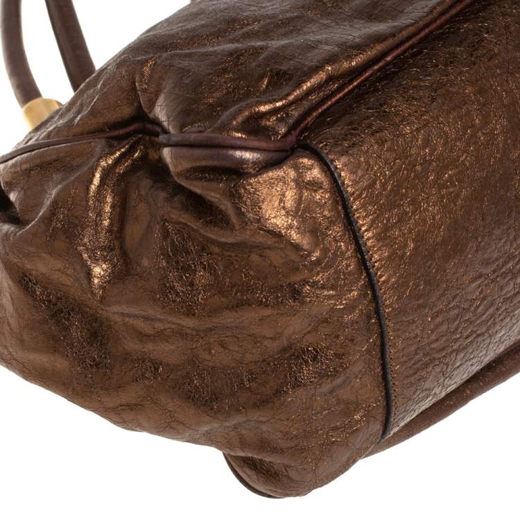 Pre Owned Chloe Metallic Bronze Parallel Line Detail Leather Logo Tote 