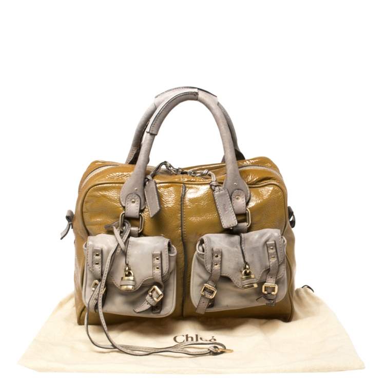 Pre Owned Chloe Olive Green/Grey Patent And Leather Double Pocket Paddington Satchel