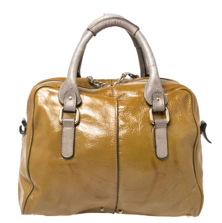Pre Owned Chloe Olive Green/Grey Patent And Leather Double Pocket Paddington Satchel