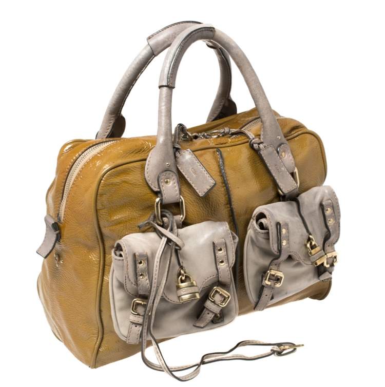 Pre Owned Chloe Olive Green/Grey Patent And Leather Double Pocket Paddington Satchel
