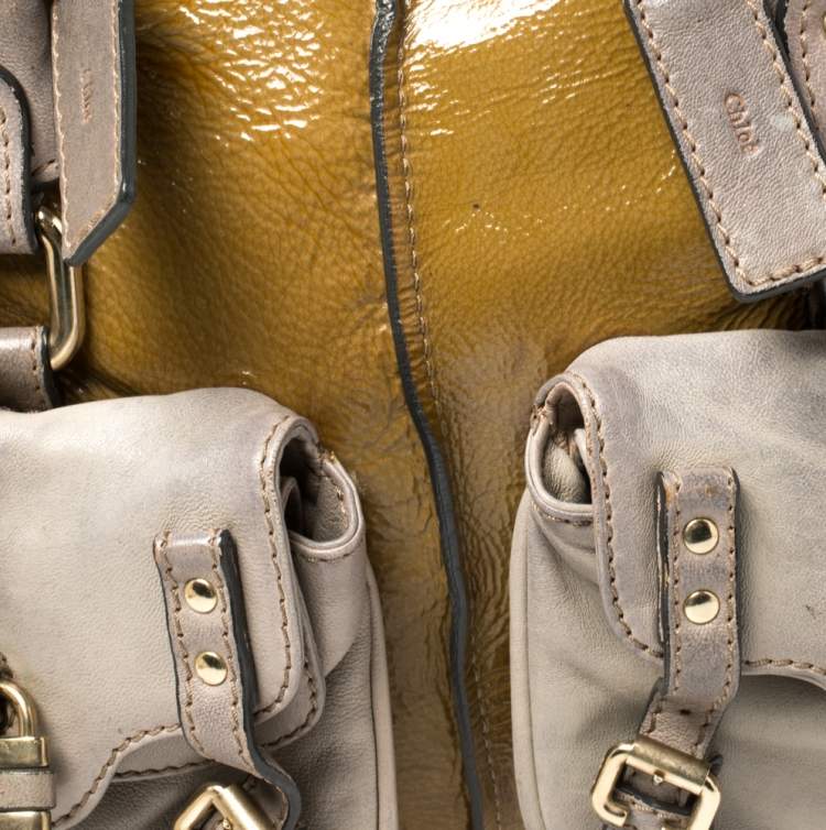 Pre Owned Chloe Olive Green/Grey Patent And Leather Double Pocket Paddington Satchel
