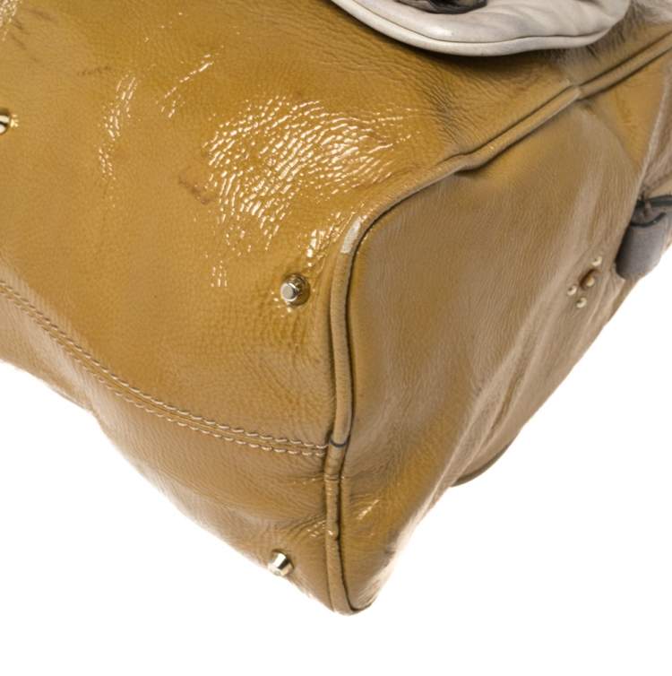 Pre Owned Chloe Olive Green/Grey Patent And Leather Double Pocket Paddington Satchel