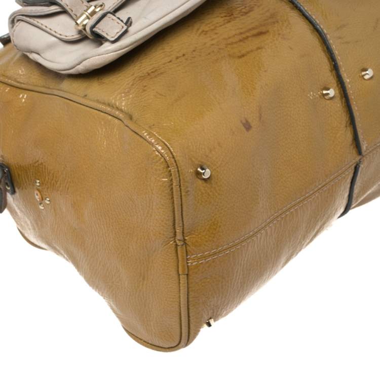 Pre Owned Chloe Olive Green/Grey Patent And Leather Double Pocket Paddington Satchel