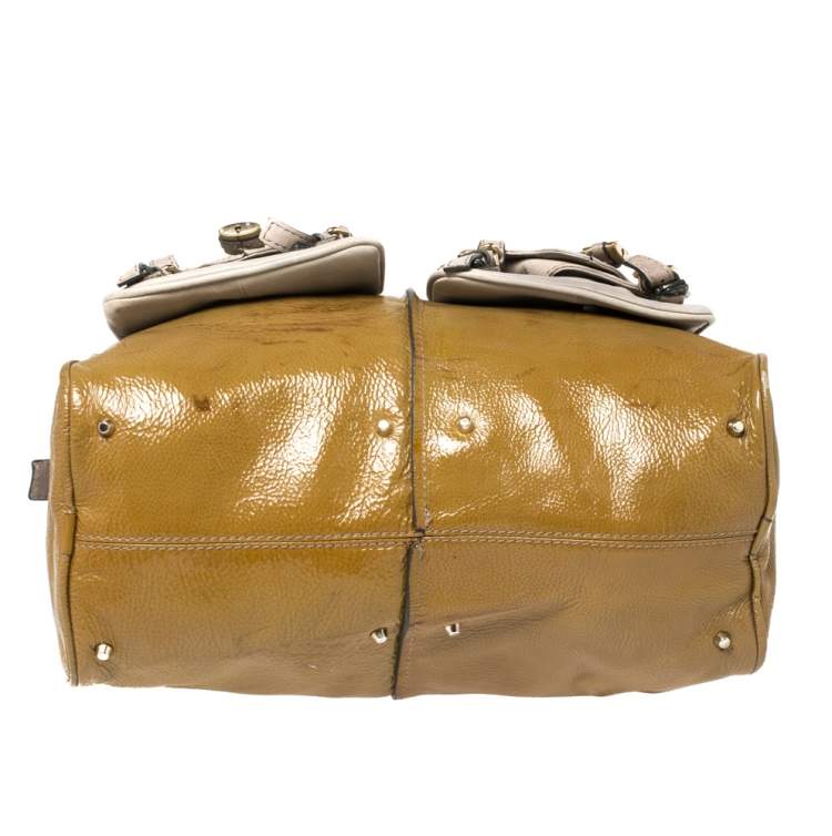 Pre Owned Chloe Olive Green/Grey Patent And Leather Double Pocket Paddington Satchel
