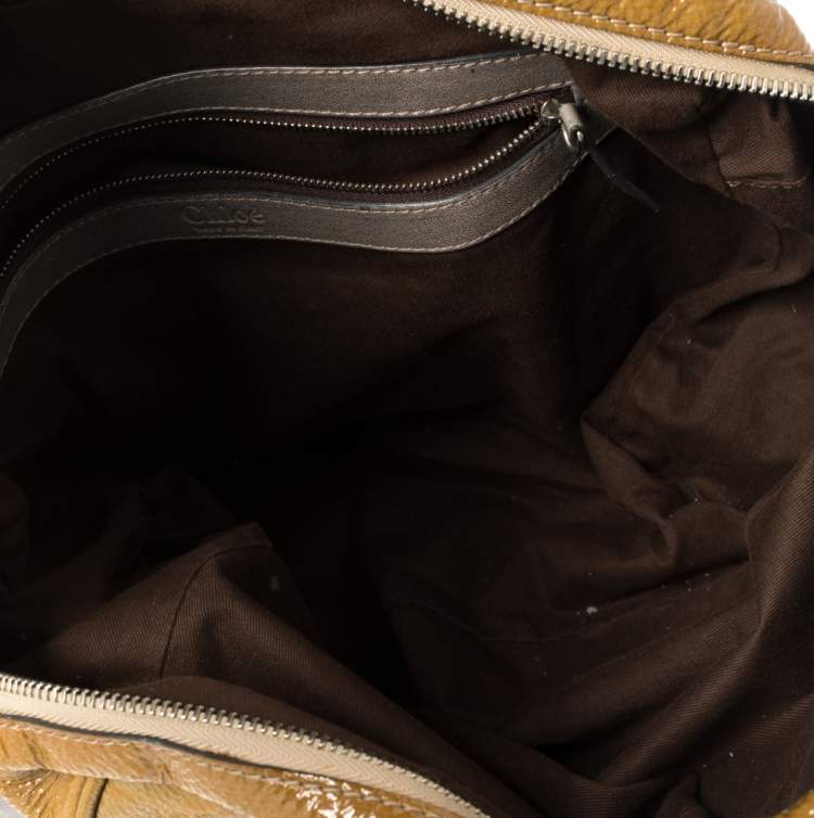 Pre Owned Chloe Olive Green/Grey Patent And Leather Double Pocket Paddington Satchel