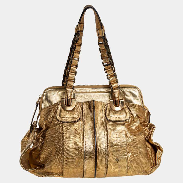 Pre Owned Chloé Metallic Gold Embossed Leather Heloise Satchel