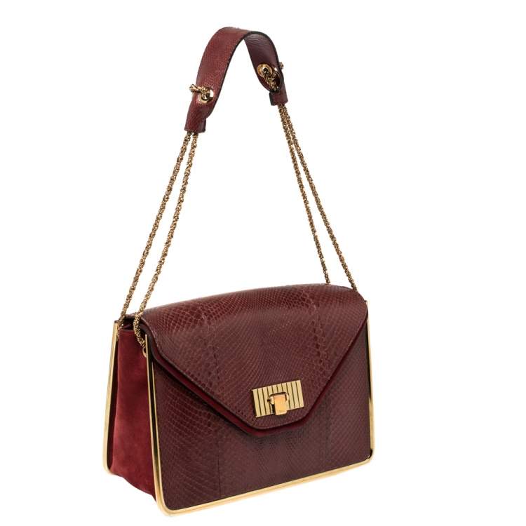 Pre Owned Chloe Burgundy Python and Suede Medium Sally Shoulder Bag