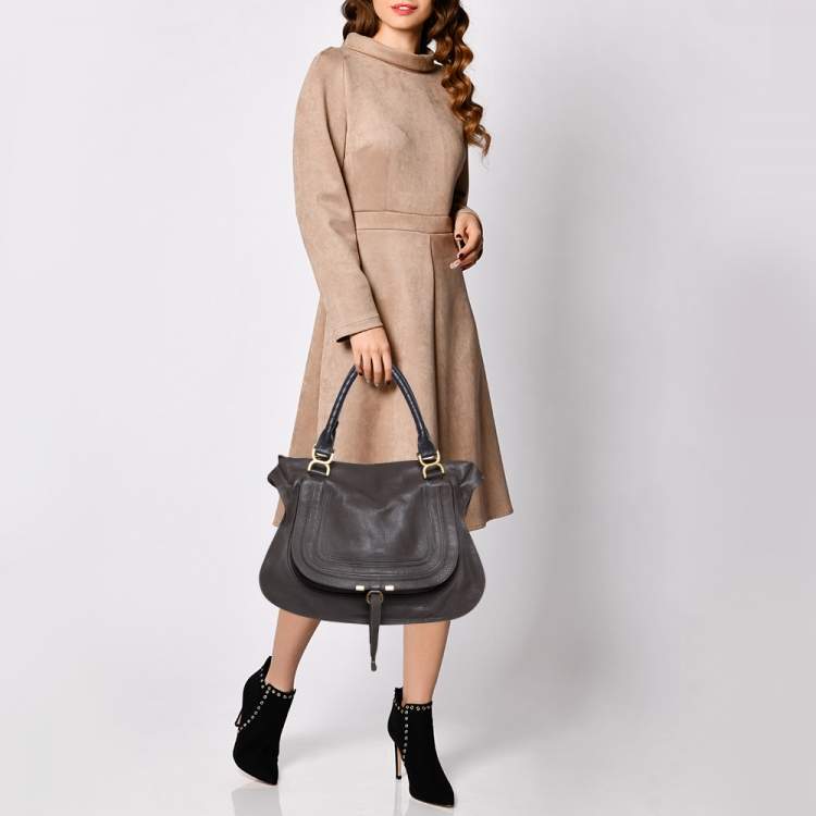 Pre Owned Chloé Metallic Dark Beige Leather Large Marcie Satchel