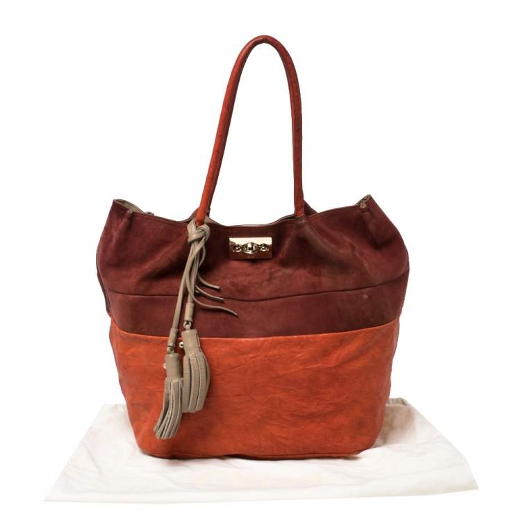 مملوكة مسبقًا Chloé Orange/Burgundy Suede and Leather Colorblock Tassel Tote