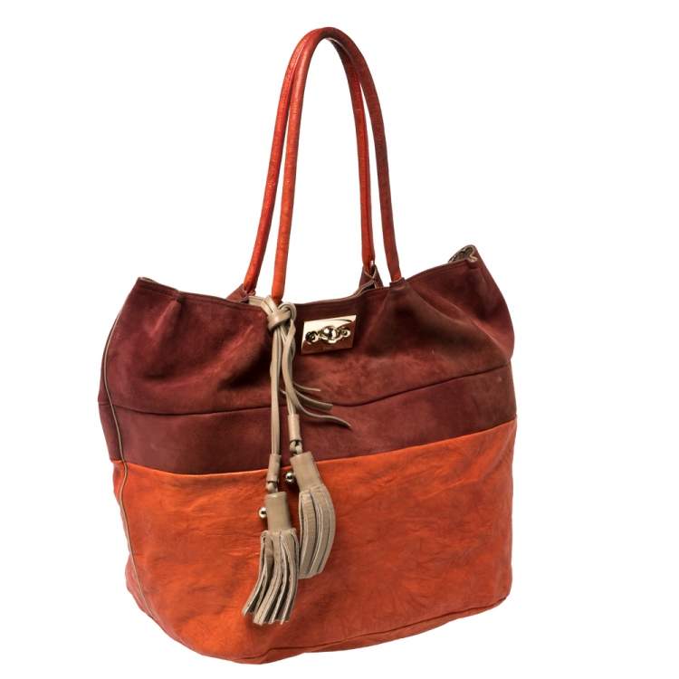 مملوكة مسبقًا Chloé Orange/Burgundy Suede and Leather Colorblock Tassel Tote