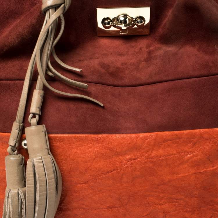 مملوكة مسبقًا Chloé Orange/Burgundy Suede and Leather Colorblock Tassel Tote