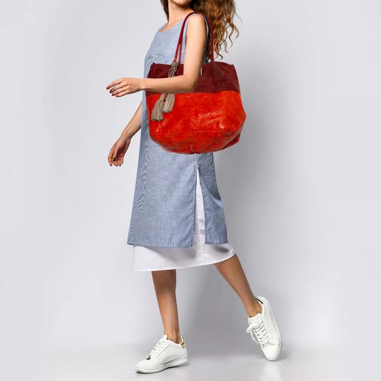 مملوكة مسبقًا Chloé Orange/Burgundy Suede and Leather Colorblock Tassel Tote