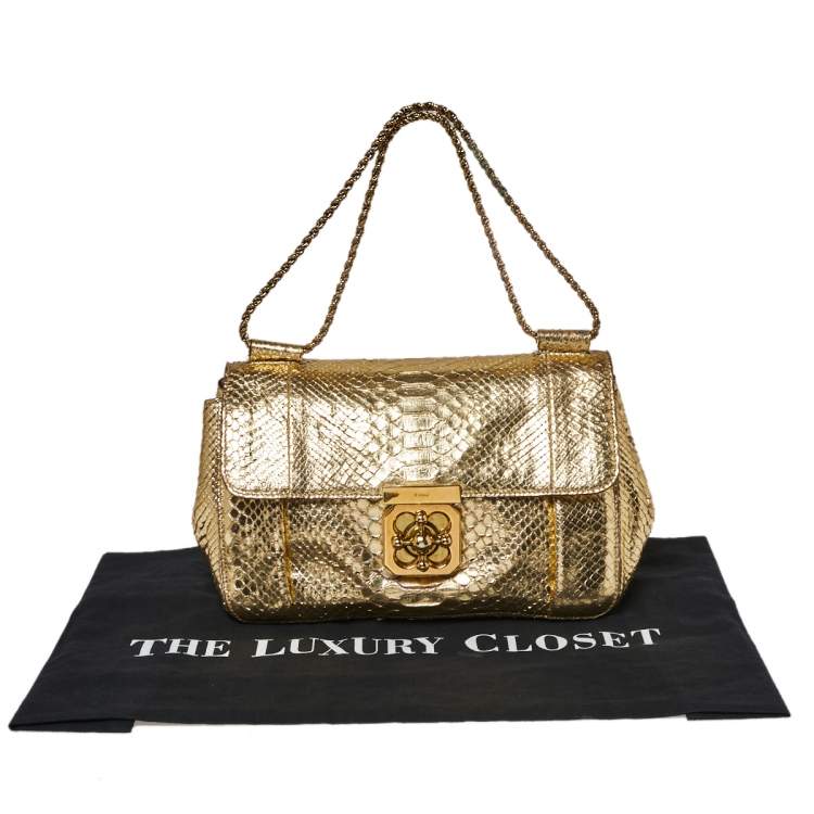 Pre Owned Chloé Metallic Gold Python Medium Elsie Shoulder Bag