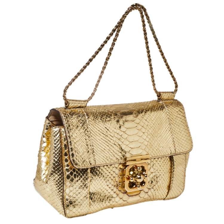 Pre Owned Chloé Metallic Gold Python Medium Elsie Shoulder Bag