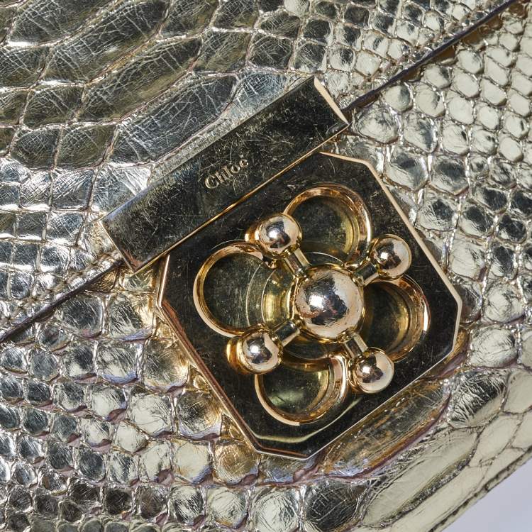 Pre Owned Chloé Metallic Gold Python Medium Elsie Shoulder Bag
