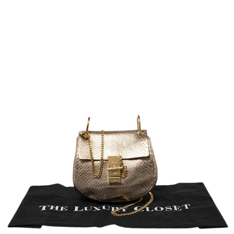 Pre Owned Chloe Metallic Gold Python Mini Drew Shoulder Bag