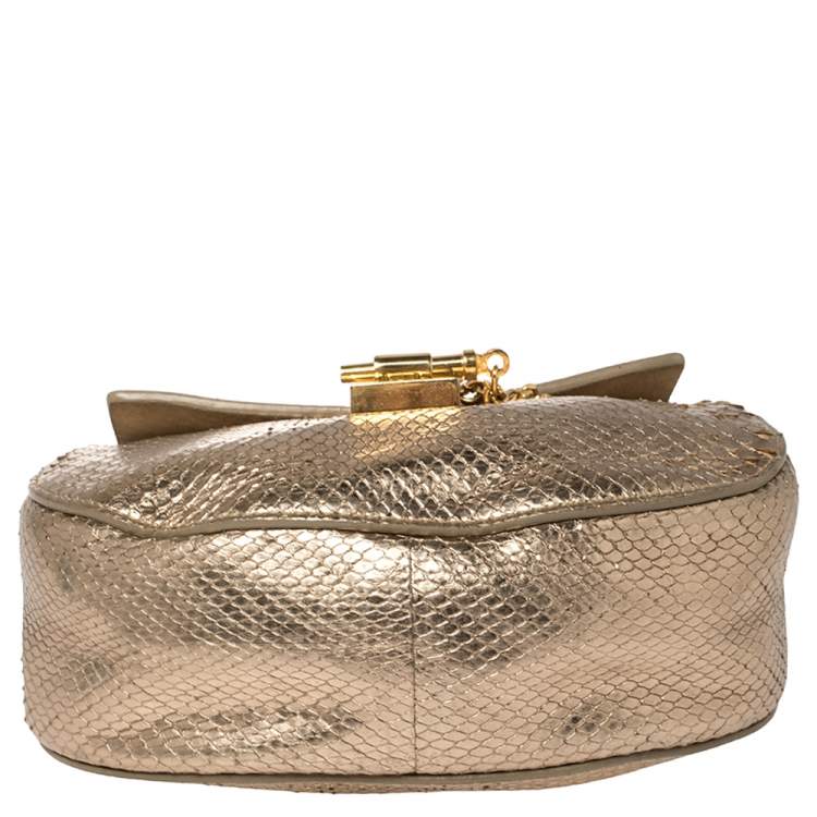 Pre Owned Chloe Metallic Gold Python Mini Drew Shoulder Bag