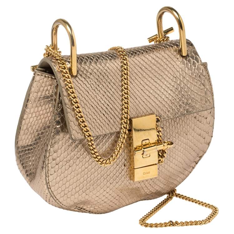 Pre Owned Chloe Metallic Gold Python Mini Drew Shoulder Bag