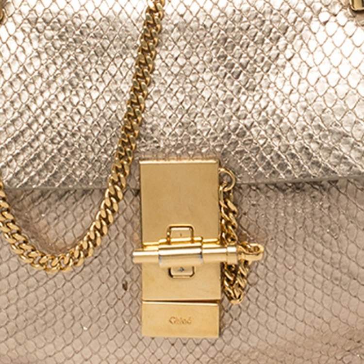 Pre Owned Chloe Metallic Gold Python Mini Drew Shoulder Bag