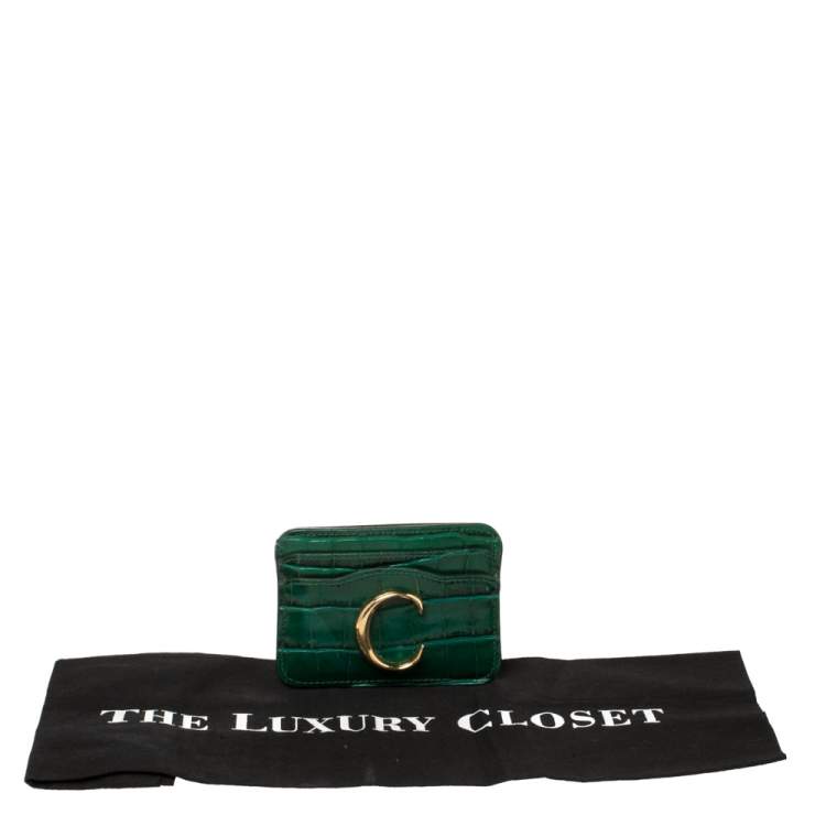 Pre Owned Chloe Green Croc Embossed Leather 'C' Card Holder