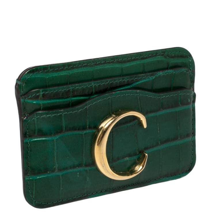 Pre Owned Chloe Green Croc Embossed Leather 'C' Card Holder