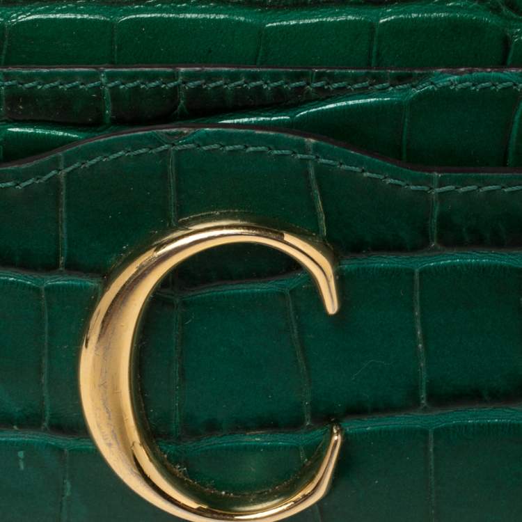 Pre Owned Chloe Green Croc Embossed Leather 'C' Card Holder