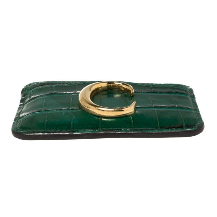 Pre Owned Chloe Green Croc Embossed Leather 'C' Card Holder