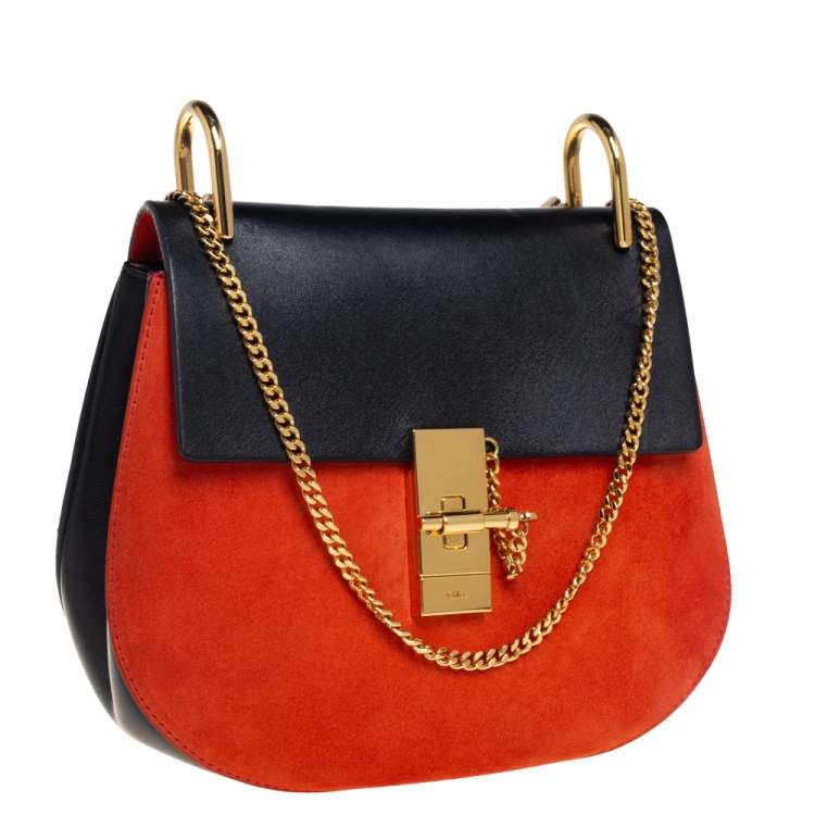 Pre Owned Chloe Black/Orange Leather and Suede Medium Drew Shoulder Bag
