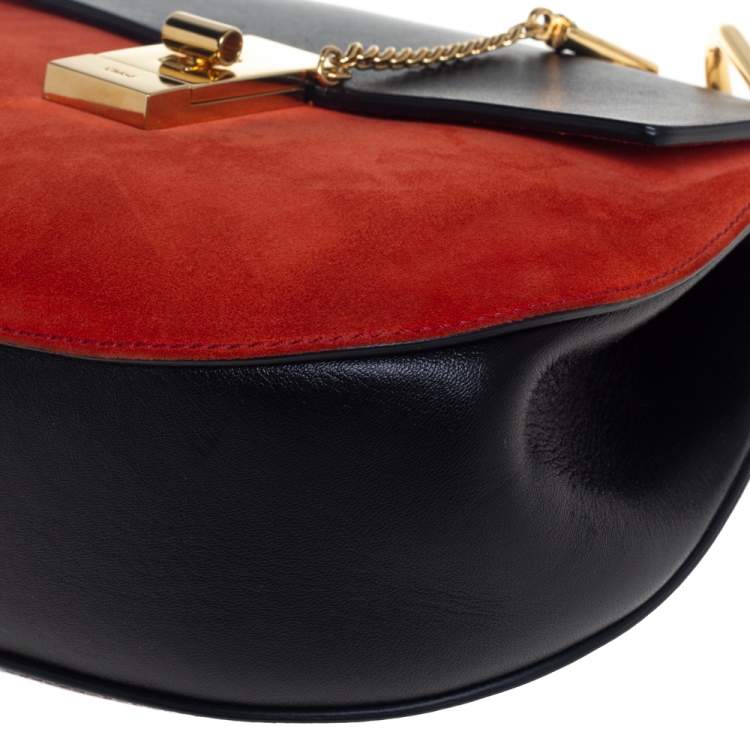 Pre Owned Chloe Black/Orange Leather and Suede Medium Drew Shoulder Bag