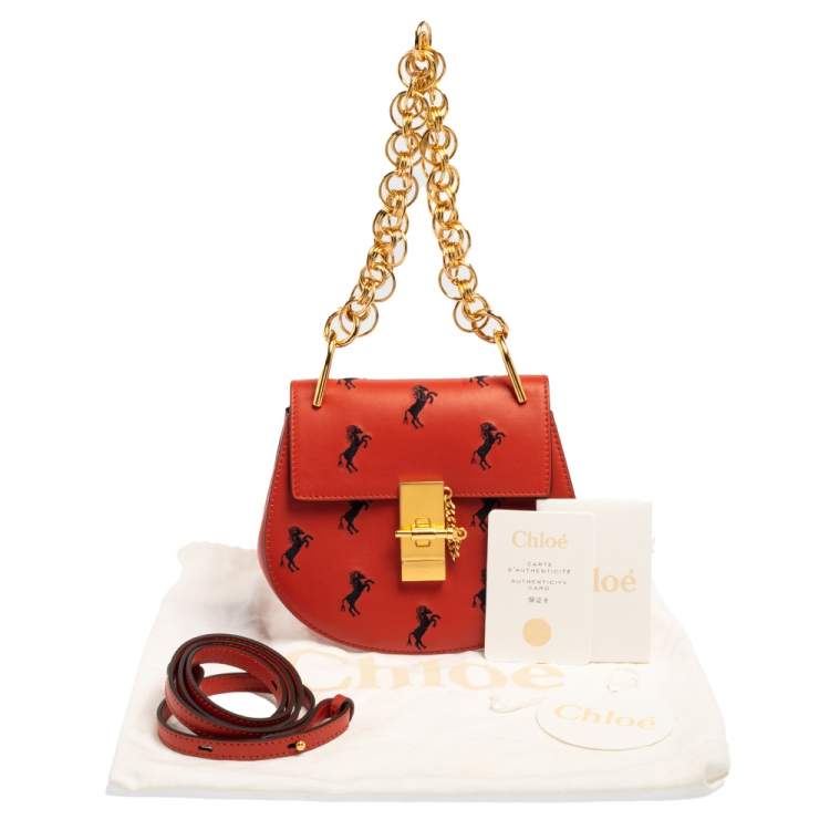 Pre Owned Chloe Red Embroidered Horses Leather Small Drew Bijou Crossbody Bag