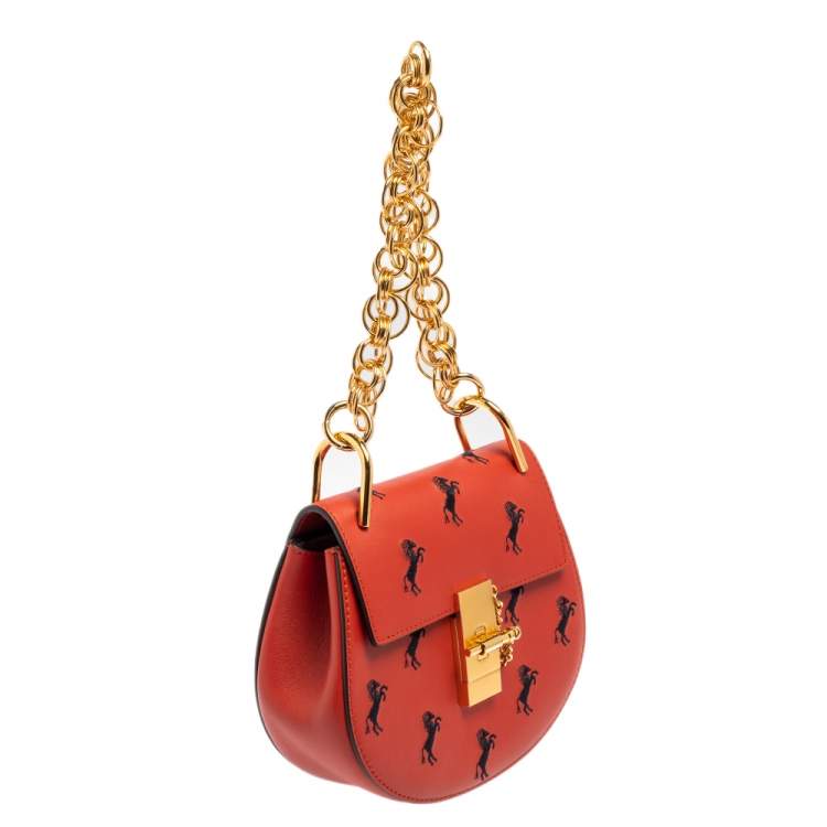 Pre Owned Chloe Red Embroidered Horses Leather Small Drew Bijou Crossbody Bag