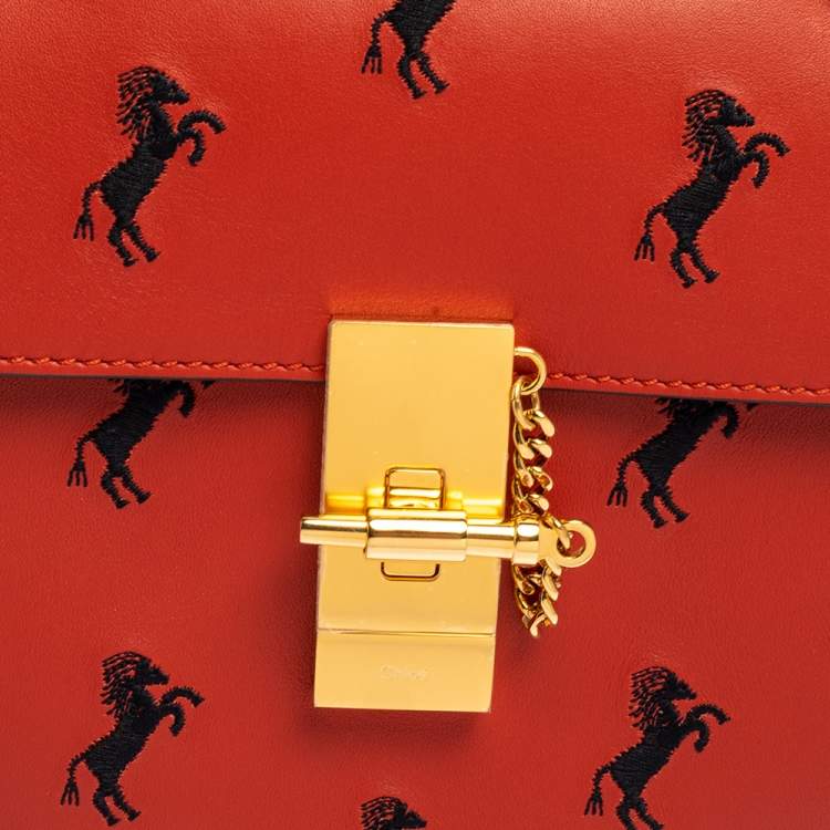 Pre Owned Chloe Red Embroidered Horses Leather Small Drew Bijou Crossbody Bag
