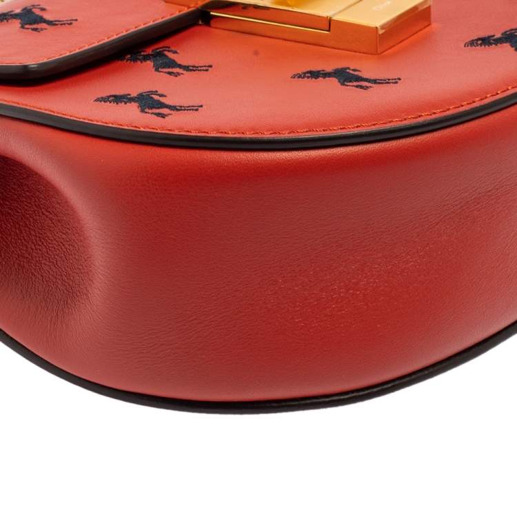 Pre Owned Chloe Red Embroidered Horses Leather Small Drew Bijou Crossbody Bag