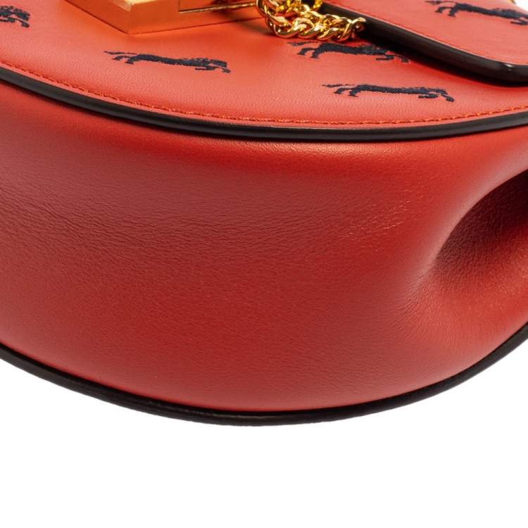 Pre Owned Chloe Red Embroidered Horses Leather Small Drew Bijou Crossbody Bag