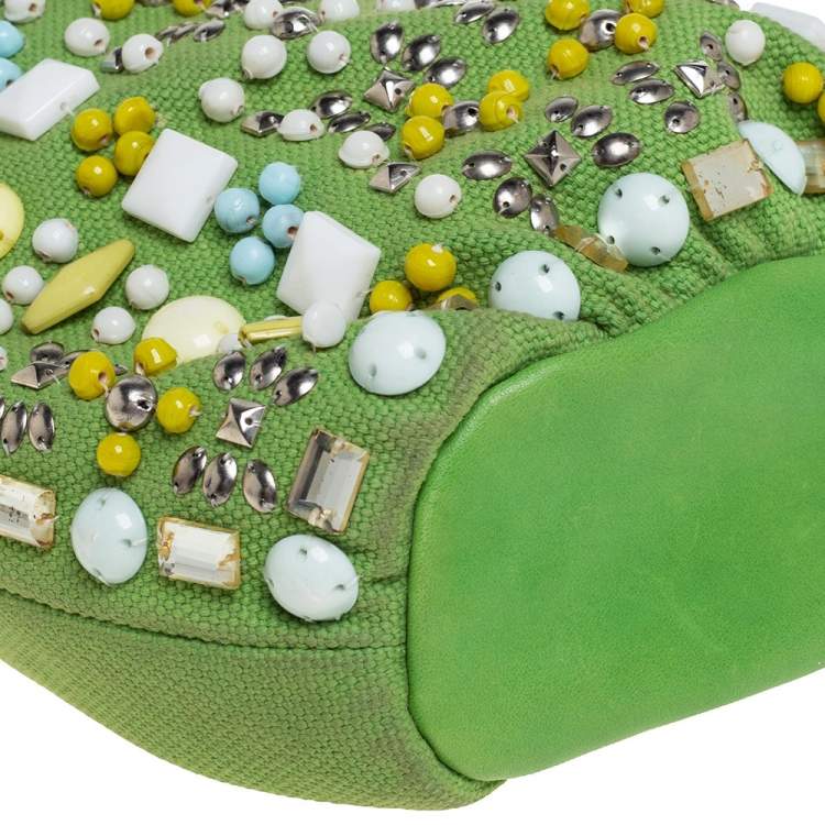 Pre Owned Chloe Green Canvas and Leather Beaded Hobo