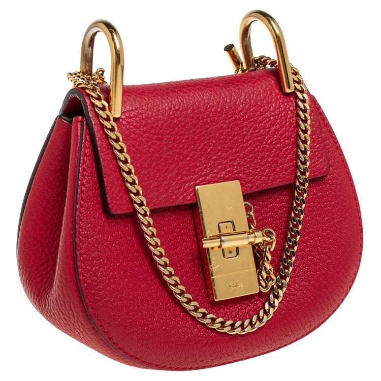 Pre Owned Chloe Red Grained Leather Nano Drew Shoulder Bag
