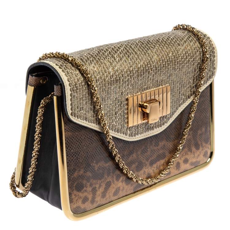 Pre Owned Chloe Brown Karung, Sequins and Leather Small Sally Shoulder Bag