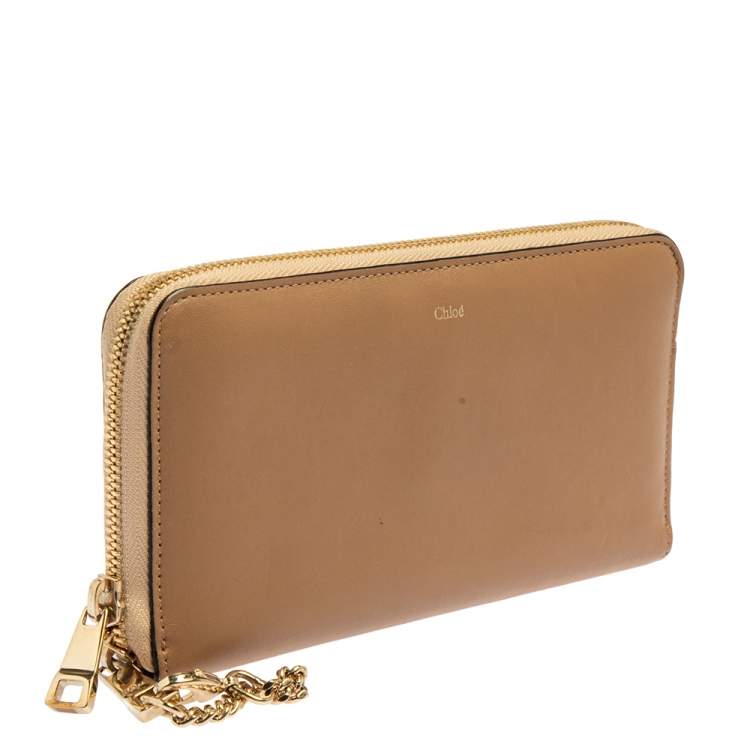 Pre Owned Chloe Beige/Gold Leather Baylee Zip Around Wallet
