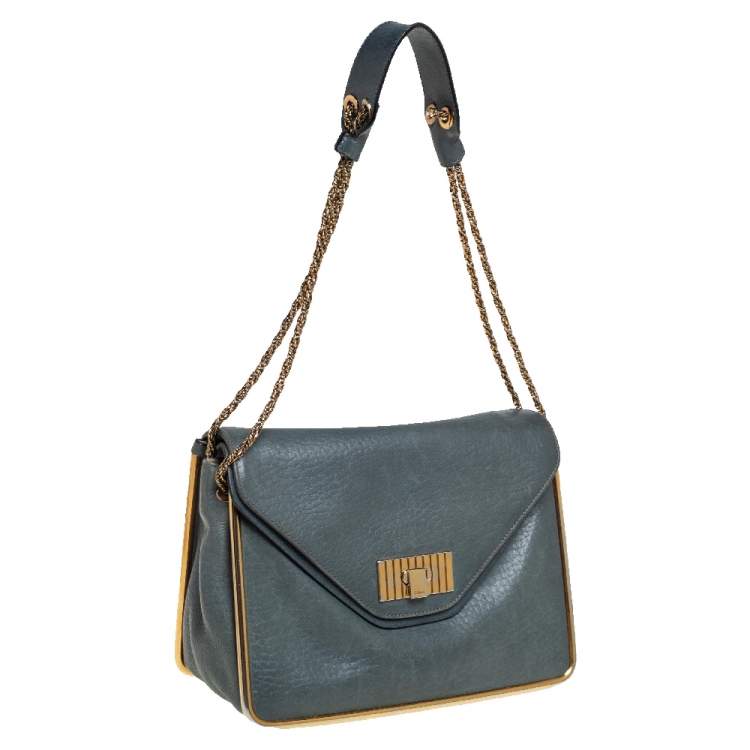 Pre Owned Chloe Stone Blue Leather Medium Sally Flap Shoulder Bag