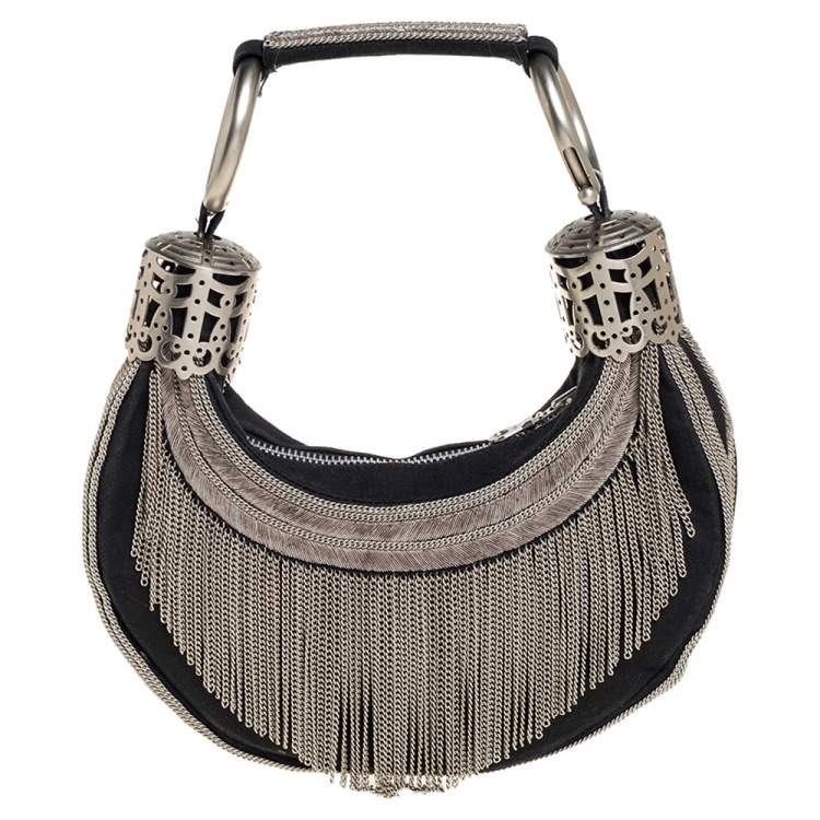 Pre Owned Chloe Black Canvas Chain Embellished Crescent Hobo