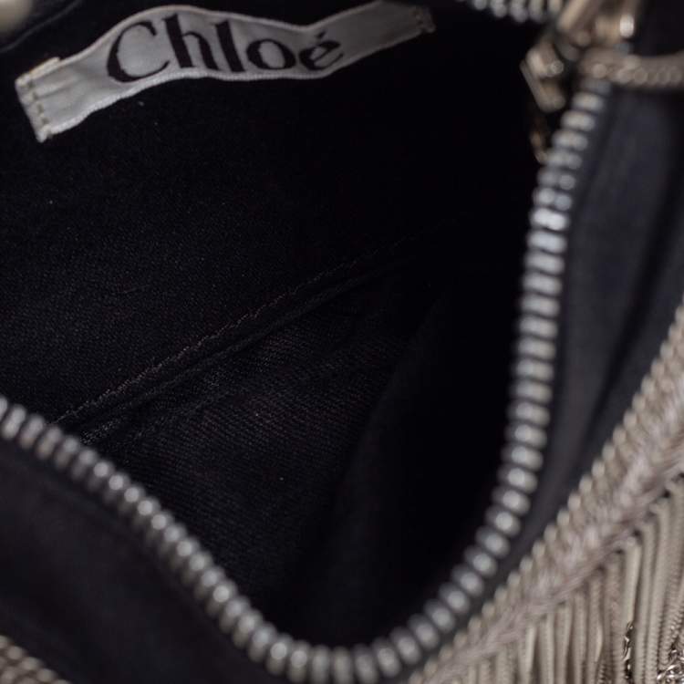 Pre Owned Chloe Black Canvas Chain Embellished Crescent Hobo