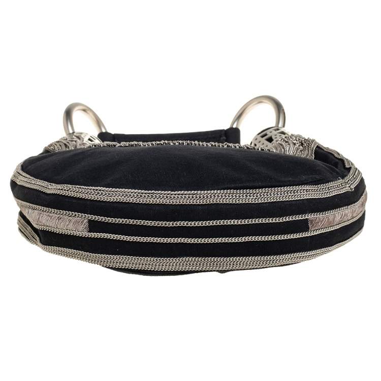 Pre Owned Chloe Black Canvas Chain Embellished Crescent Hobo