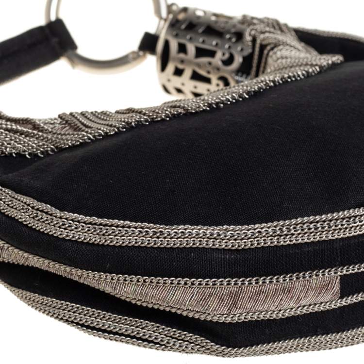 Pre Owned Chloe Black Canvas Chain Embellished Crescent Hobo