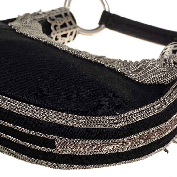 Pre Owned Chloe Black Canvas Chain Embellished Crescent Hobo