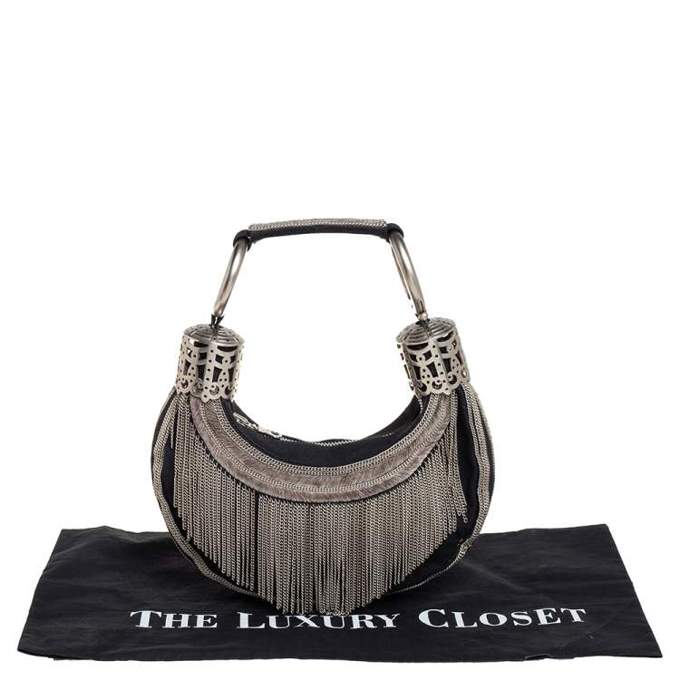 Pre Owned Chloe Black Canvas Chain Embellished Crescent Hobo